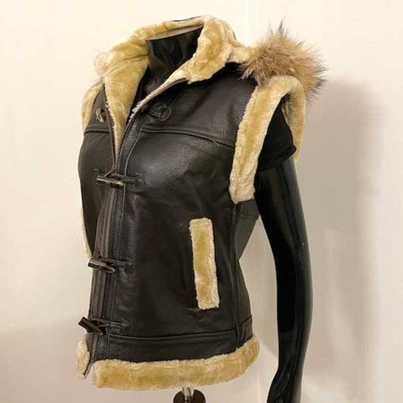 Chocolate brown hooded leather vest with faux shearling lining and aviator hybrid style