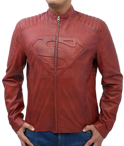 Clark Kent Smallville Red Genuine Leather Jacket with Erect Collar