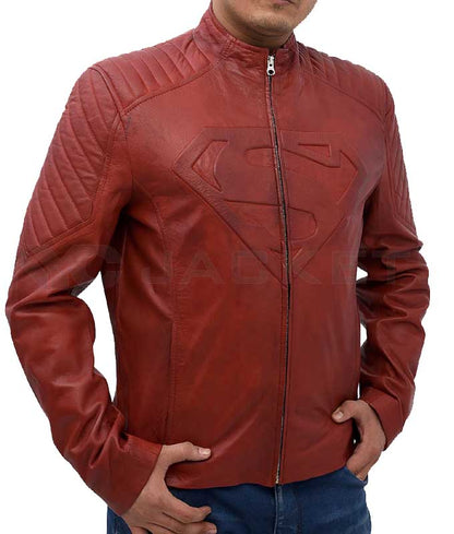 Clark Kent Smallville Red Genuine Leather Jacket with Erect Collar