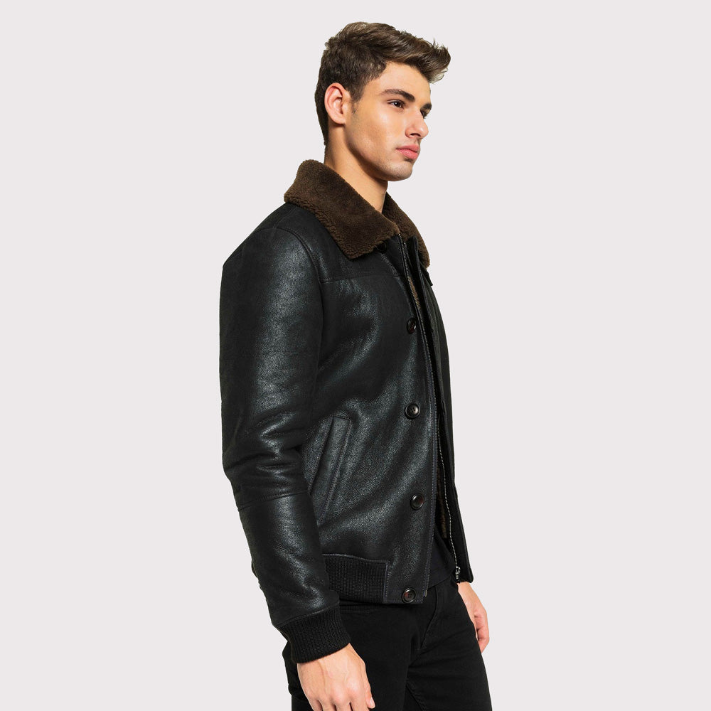 Classic Men's Tobacco Brown Shearling Jacket - College Style