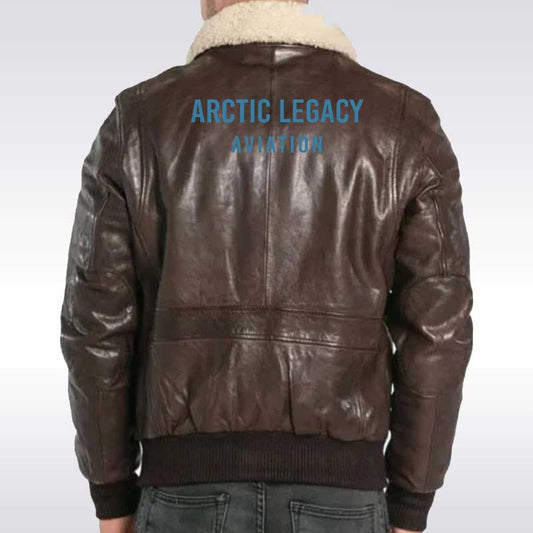 Classic Brown Sheepskin Leather Aviator Bomber Jacket with custom logo Embroidery