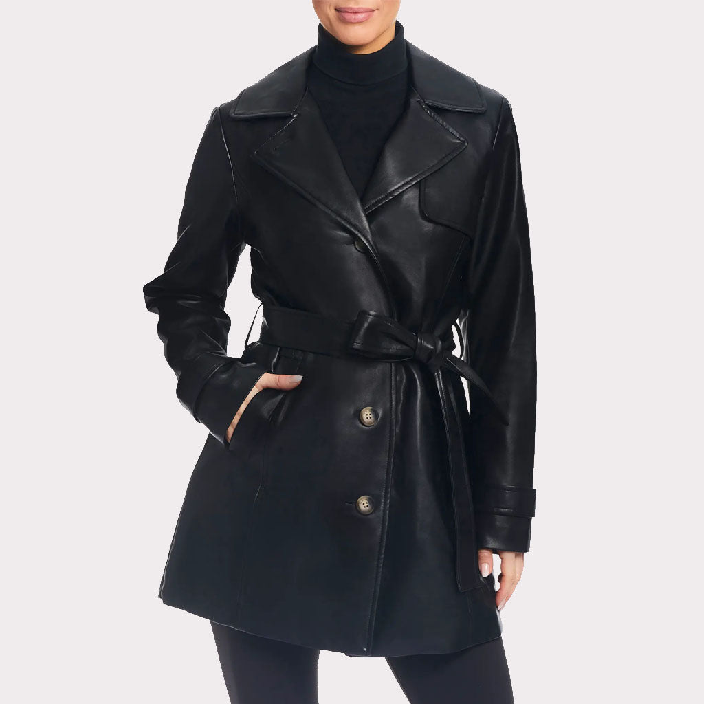 Classic Solid Black Leather Trench Coat for Women - Fall 2023