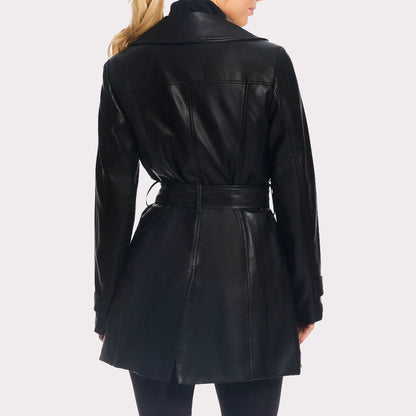Classic Solid Black Leather Trench Coat for Women - Fall 2023