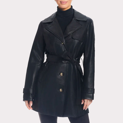 Solid Black Women's Leather Trench Coat - Fall 2023