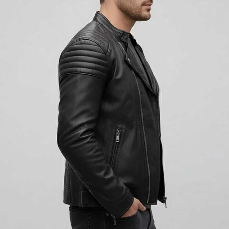 Classic black leather biker coat with asymmetrical zipper and zippered cuff details
