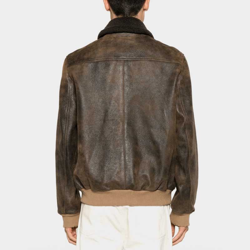 Classic bomber jacket with removable shearling collar, rib knit cuffs and turn-down design