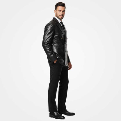 Classic double breasted leather blazer for men in black by Jackets Kingdom