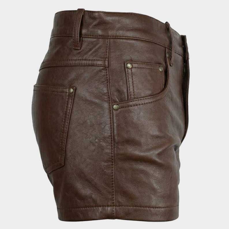 Classic jeans style brown leather shorts for men with back pockets by Jackets Kingdom