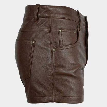 Classic jeans style brown leather shorts for men with back pockets by Jackets Kingdom