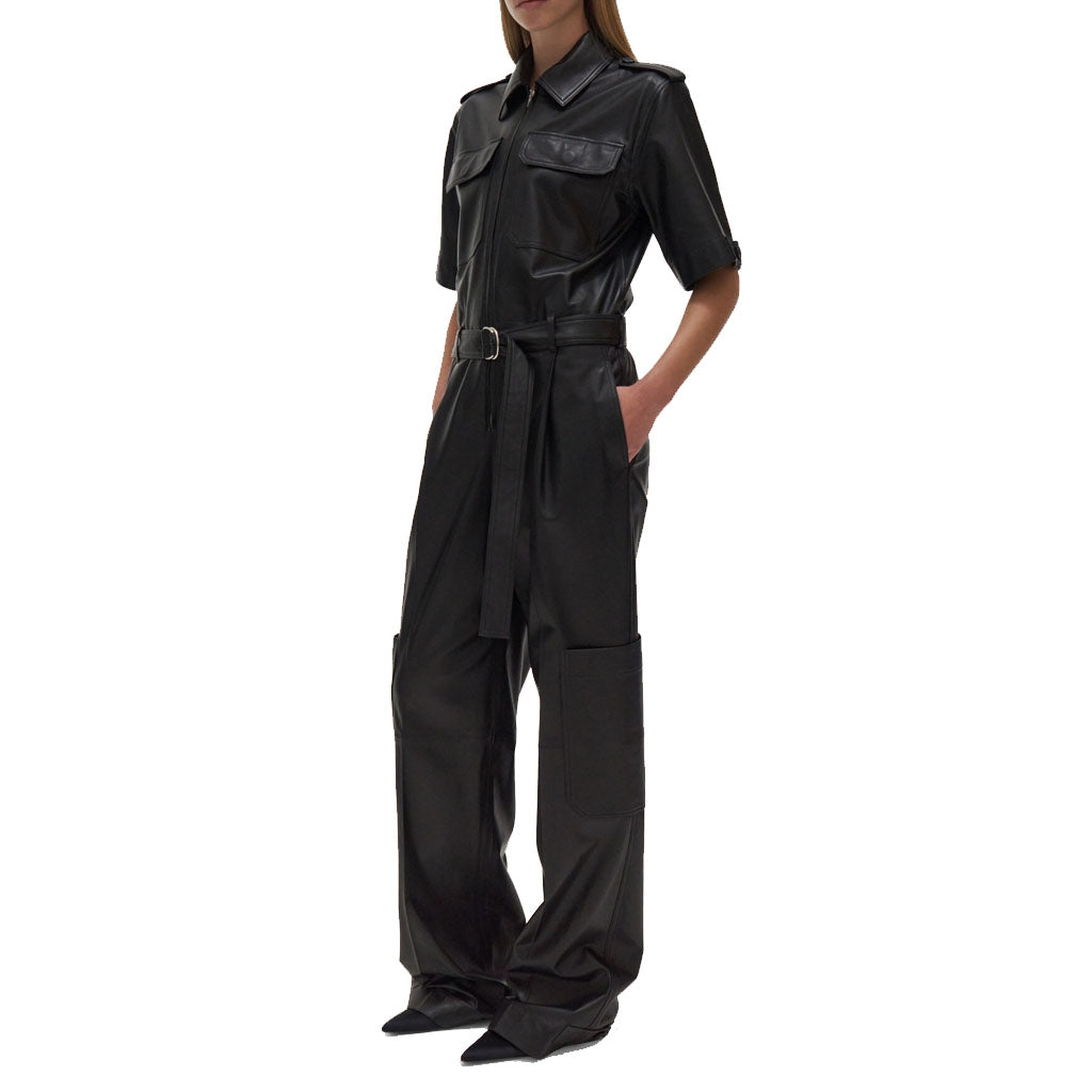 Classy Black Baggy Leather Jumpsuit for Winter 2023