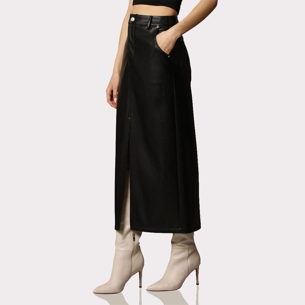 Classy Black Leg Slit Women's Leather Skirt