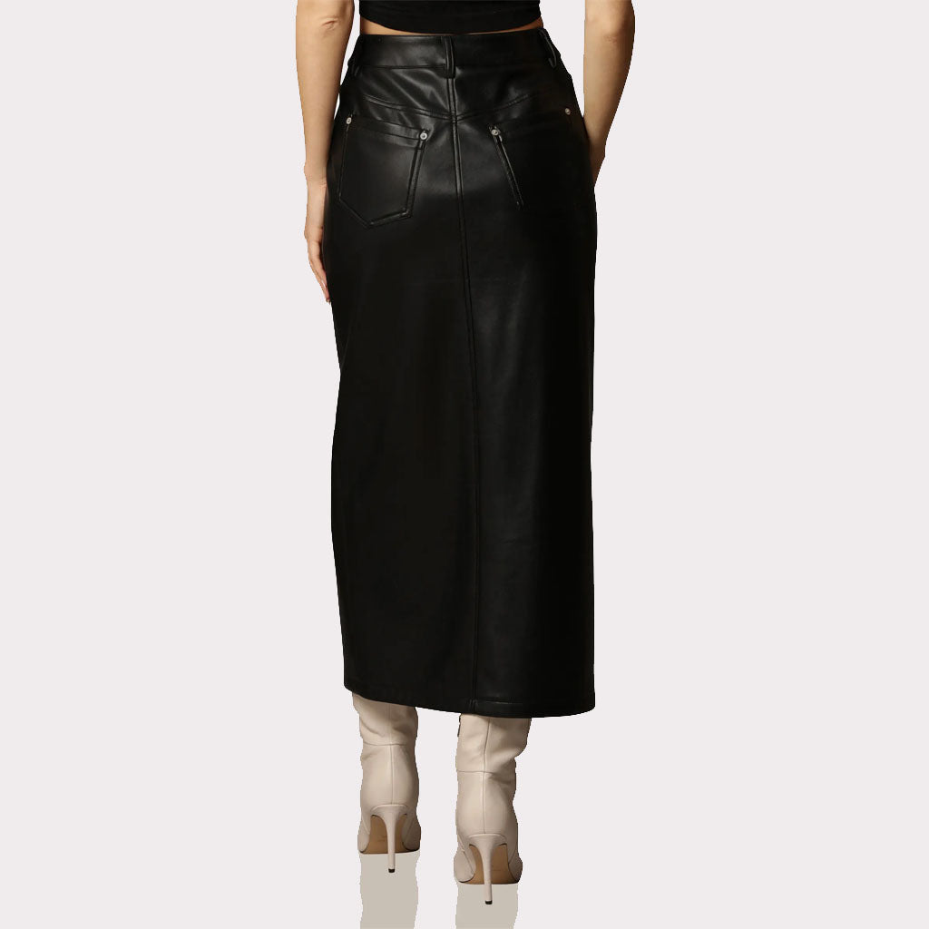Classy Black Leg Slit Women's Leather Skirt