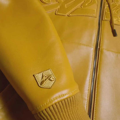 Close Up of Attached Hood Adjustable Drawstrings and Ribbed Cuffs on Avirex Yellow Jacket by Jackets Kingdom