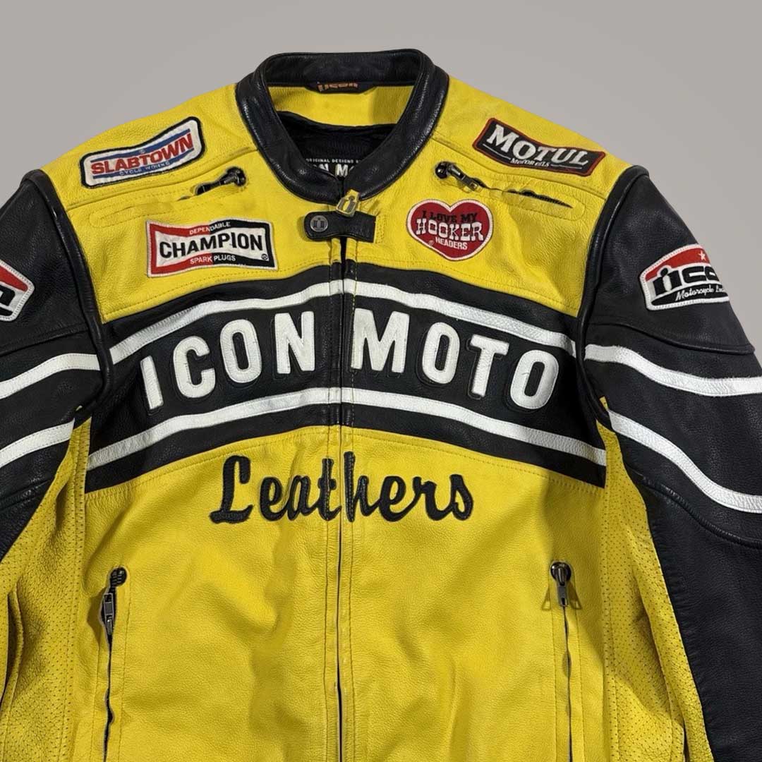 Close Up of CE Approved Removable Protectors and Adjustable Side Belts on Icon Daytona Jacket by Jackets Kingdom