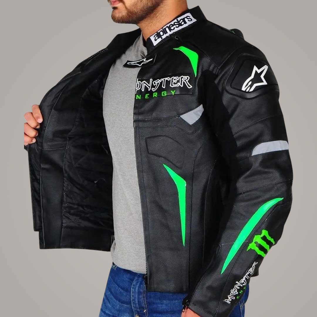 Close Up of Neon Green Detailing and Adjustable Waist Straps on Monster Energy Jacket by Jackets Kingdom