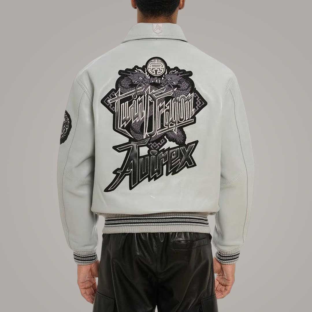 Close Up of Ribbed Cuffs Collar and Dragon Stitching on Avirex Grey Varsity Jacket by Jackets Kingdom