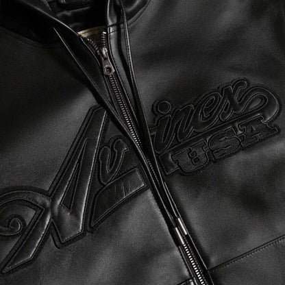 Close up Avirex embroidered chest applique on black leather hoodie by Jackets Kingdom