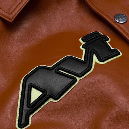 Close up stitch detailing on Avirex brown leather bomber jacket by Jackets Kingdom