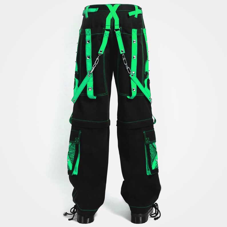 Convertible cargo pants featuring green skull patches and strap details by Jackets Kingdom