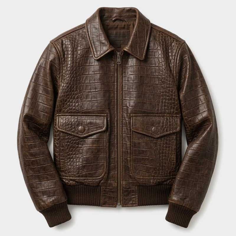 Crocodile embossed leather jacket with timeless retro design and breathable cotton interior