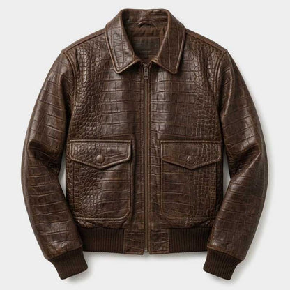 Crocodile embossed leather jacket with timeless retro design and breathable cotton interior