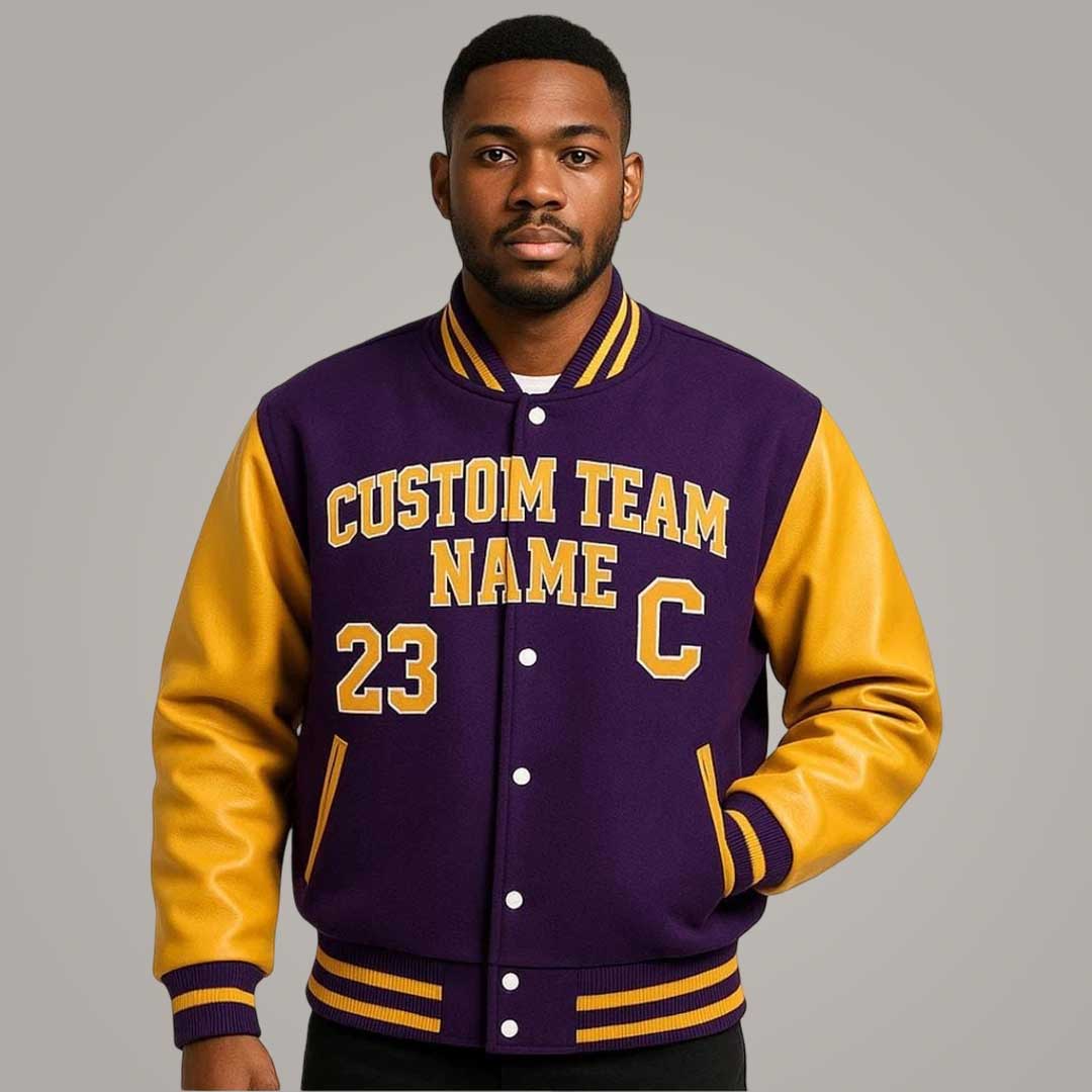 Custom Logo Purple Wool Varsity Jacket with Yellow Leather Sleeves