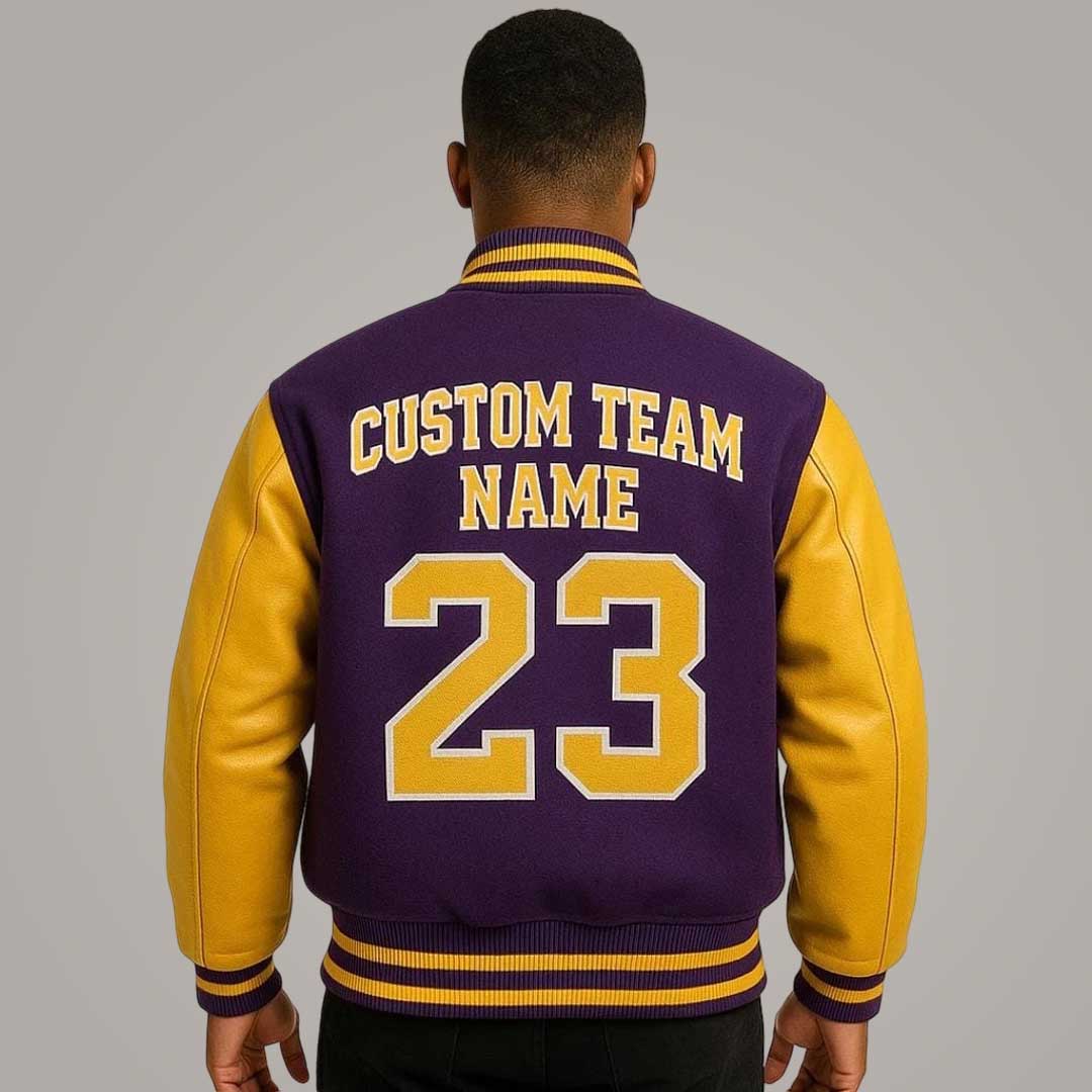 Custom Logo Purple Wool Varsity Jacket with Yellow Leather Sleeves