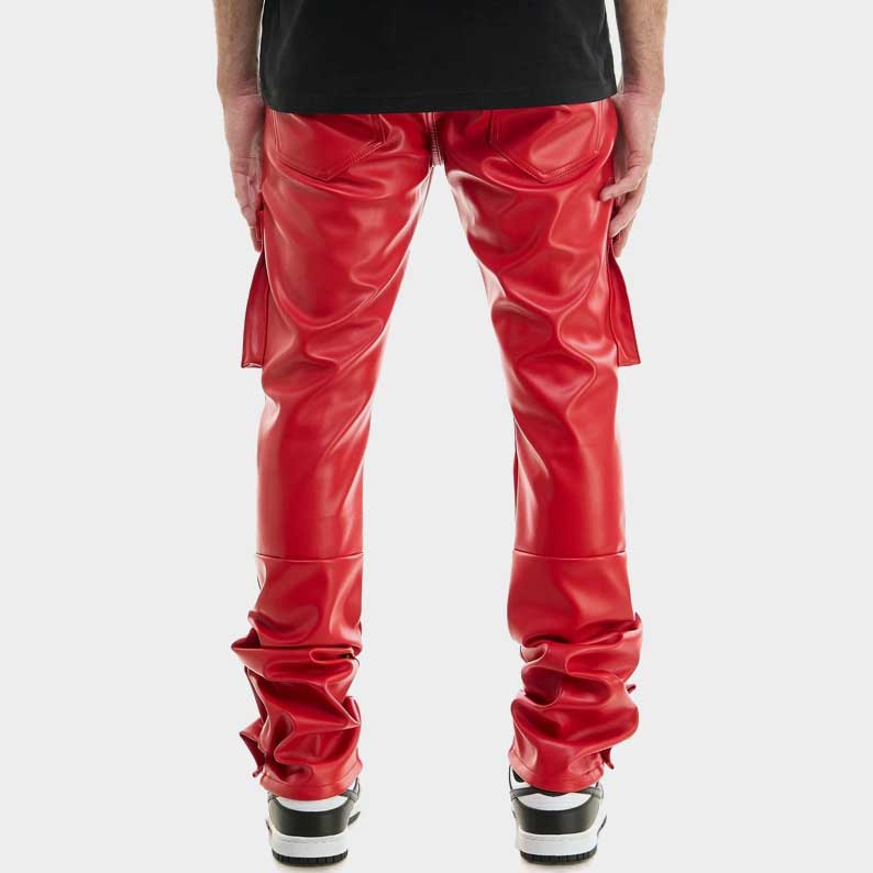Custom fit men's red leather cargo pants detail shot by Jackets Kingdom