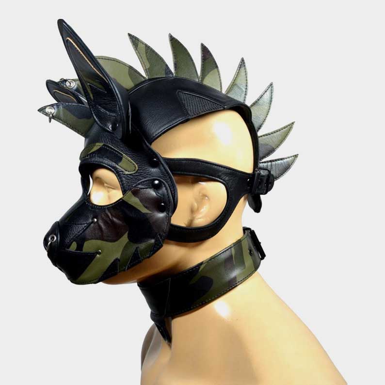 Custom fit pup hood in camo green and black leather with red accents by Jackets Kingdom