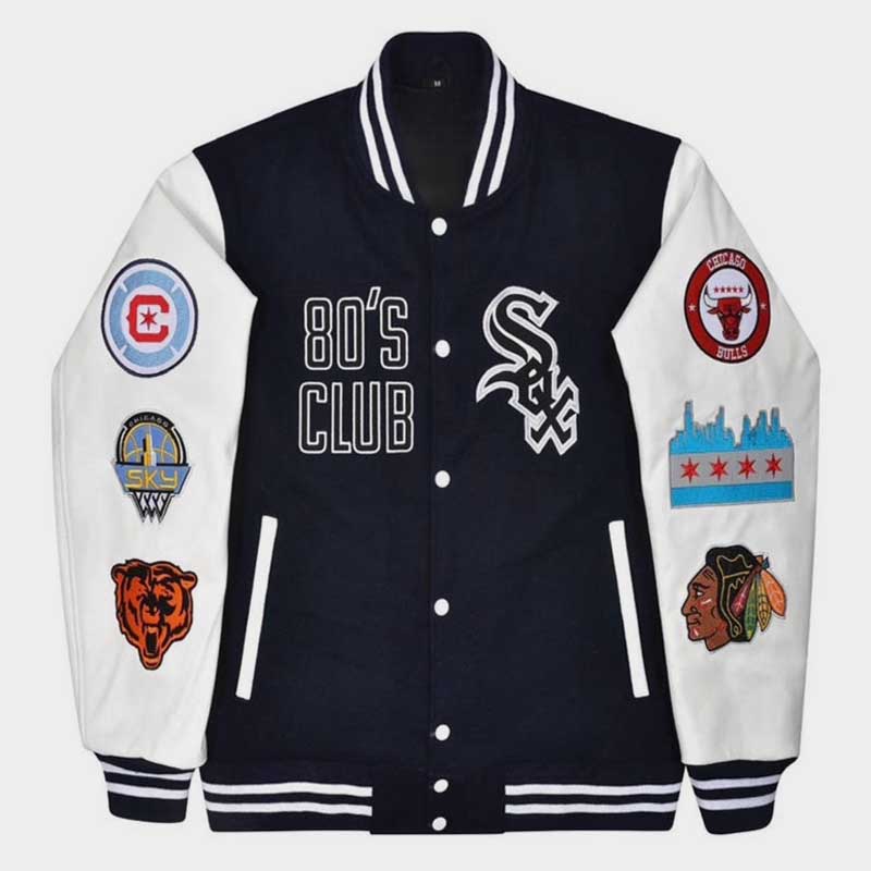 Customizable varsity jacket with personalized embroidery, wool body and leather sleeves