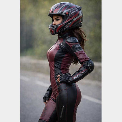 Custom made women's motorcycle suit featuring protective armor and reinforced stitching