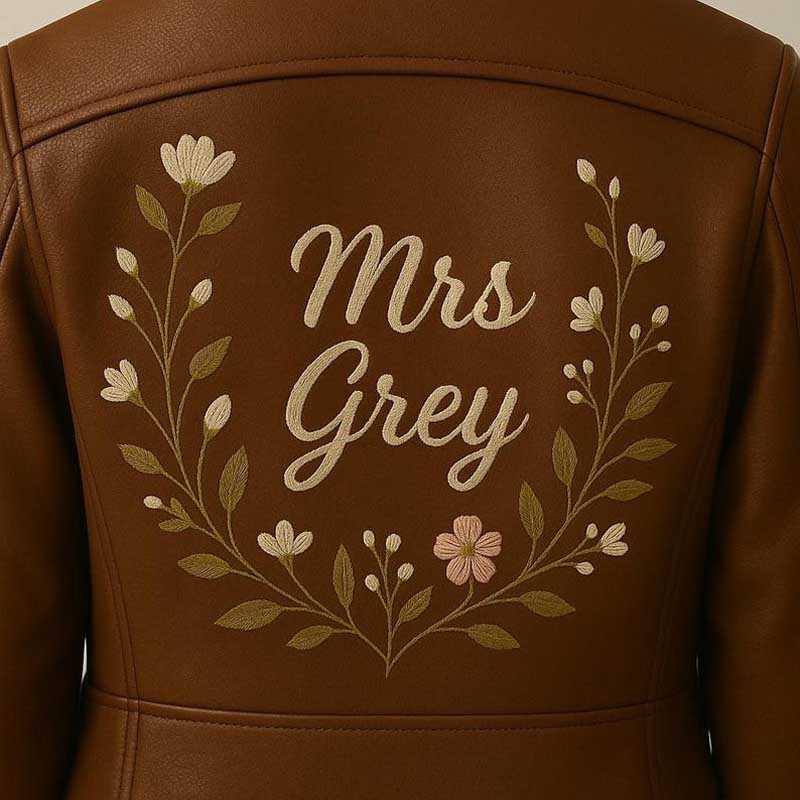 Custom wedding biker jacket in genuine sheepskin leather with embroidered floral design