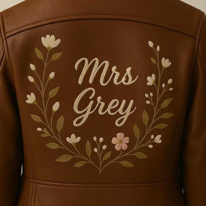 Custom wedding biker jacket in genuine sheepskin leather with embroidered floral design