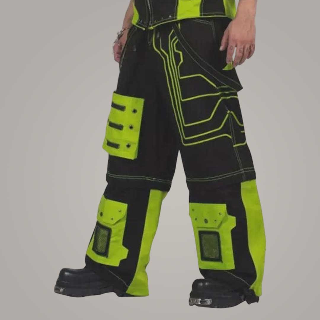 Cyberpunk Neon Green Cargo Pants with Circuitry Design Front View by Jackets Kingdom