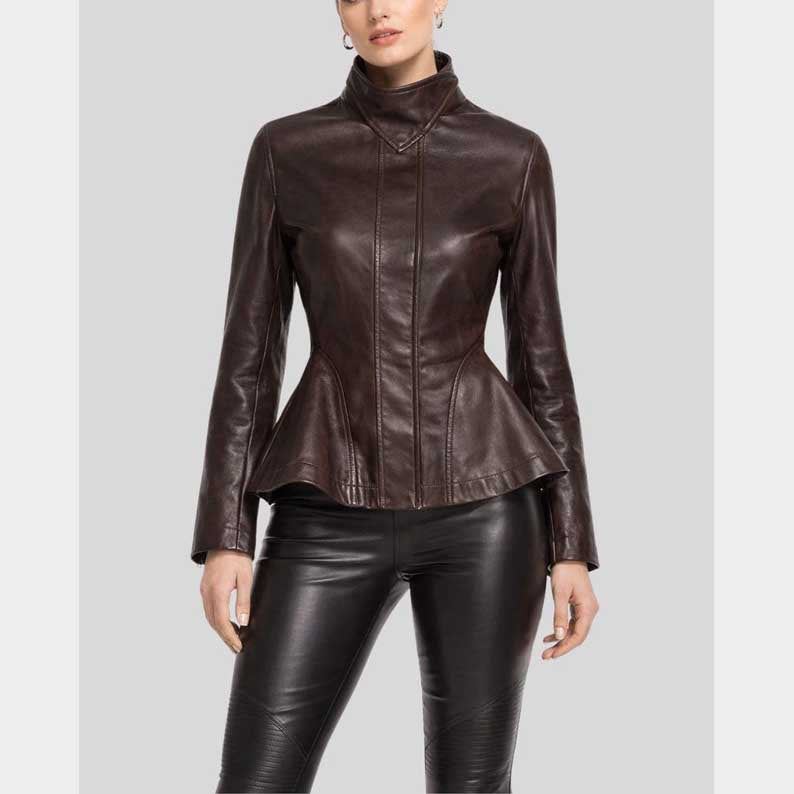 Dark brown leather peplum jacket for women with fitted bodice and flared hem by Jackets Kingdom