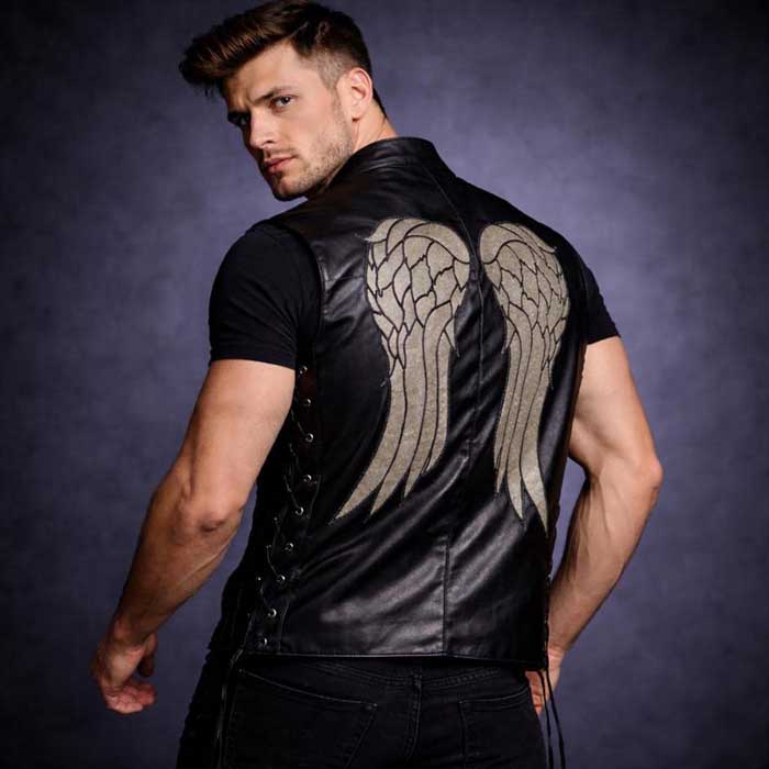 Daryl Dixon Black Leather Vest with Blue Wing Back Design