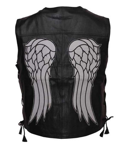 Daryl Dixon Black Leather Vest with Blue Wing Back Design