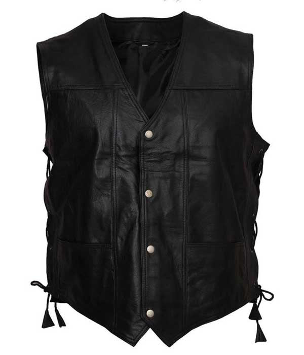 Daryl Dixon Black Leather Vest with Blue Wing Back Design