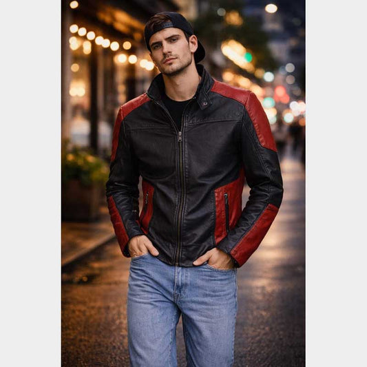 Deadshot Red and Black Biker Motorcycle Leather Jacket for Men front view showing premium stitching and sleek design