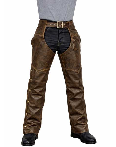 Distressed Brown Leather Motorcycle Chaps