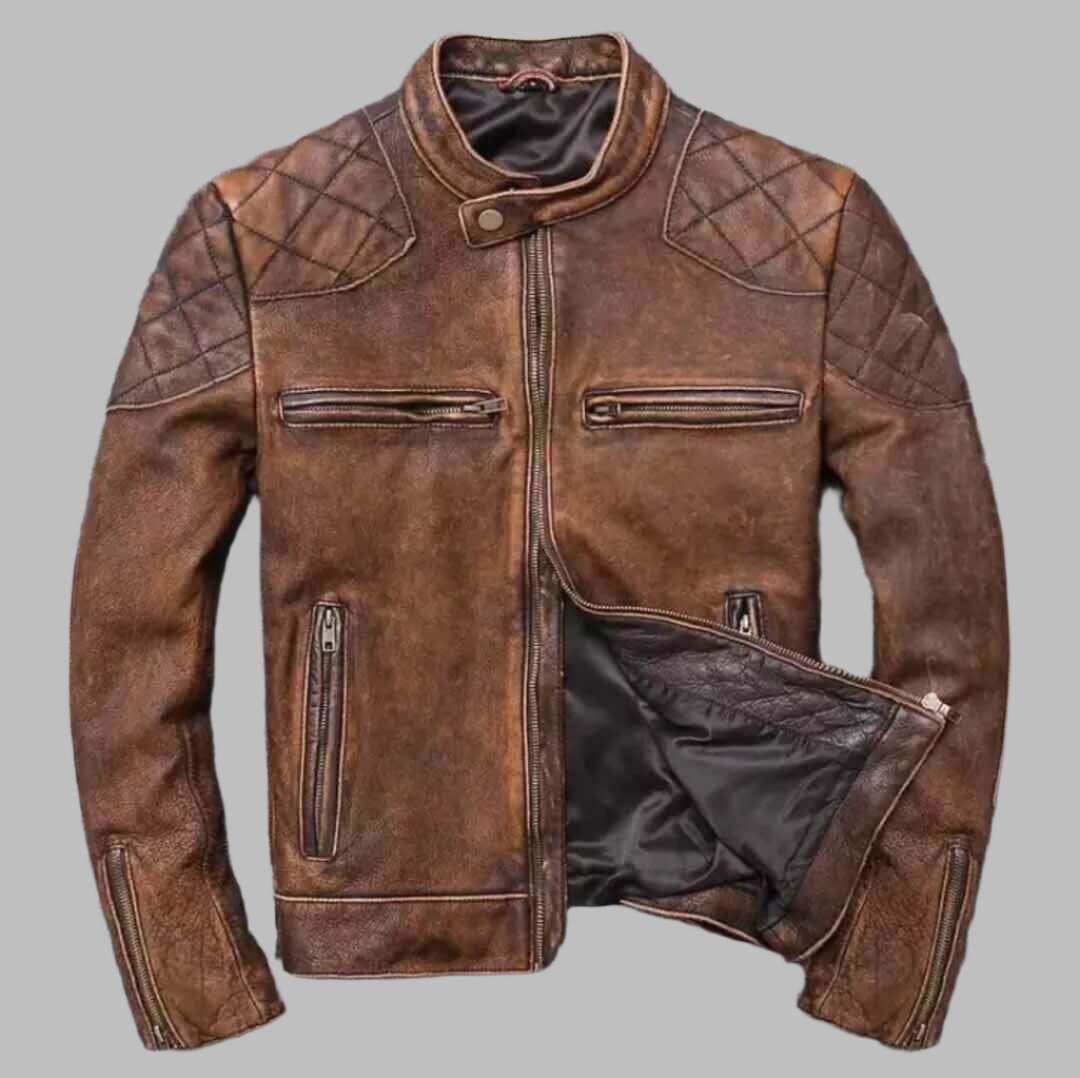 Distressed Leather Cafe Racer Jacket