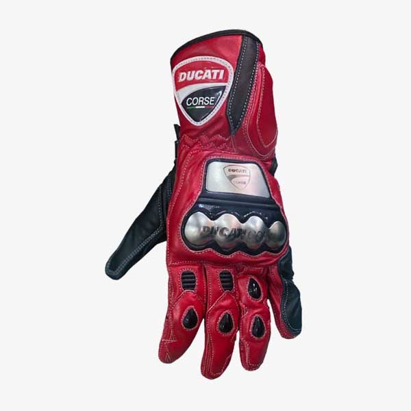 Ducati Corse Red Black Leather Motorcycle Racing Gloves with Hard Knuckle Protection