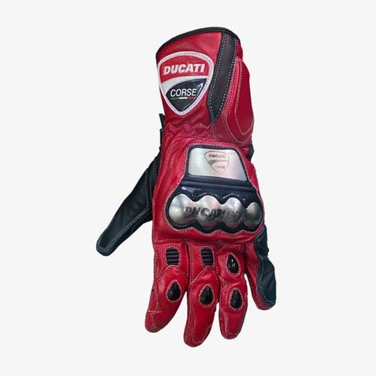 Ducati Corse Red Black Leather Motorcycle Racing Gloves with Hard Knuckle Protection