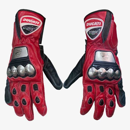 Ducati Corse Red Black Leather Motorcycle Racing Gloves with Hard Knuckle Protection