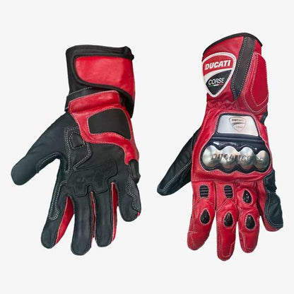 Ducati Corse Red Black Leather Motorcycle Racing Gloves with Hard Knuckle Protection