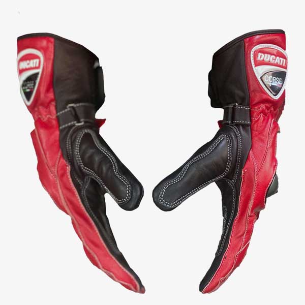 Ducati Corse Red Black Leather Motorcycle Racing Gloves with Hard Knuckle Protection