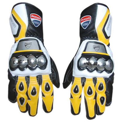 Ducati Corse Yellow Leather Racing Gloves with Stainless Steel Knuckle Armor