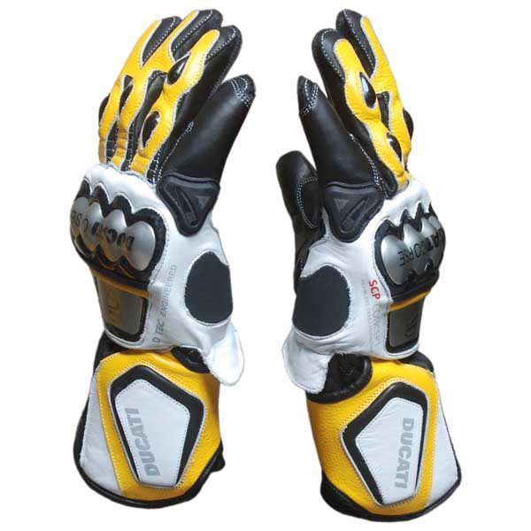 Ducati Corse Yellow Leather Racing Gloves with Stainless Steel Knuckle Armor