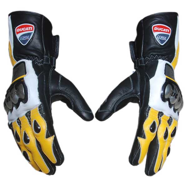 Ducati Corse Yellow Leather Racing Gloves with Stainless Steel Knuckle Armor