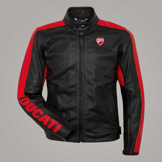 Ducati Racing Leather Motorcycle Jacket in Black and Red Front View by Jackets Kingdom